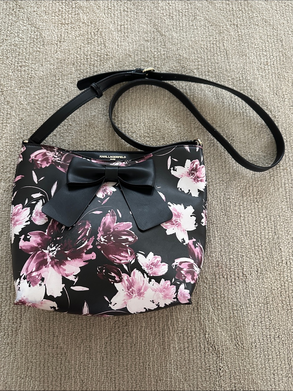 Karl Lagerfeld Black Crossbody Bag with Floral Print and bow detail